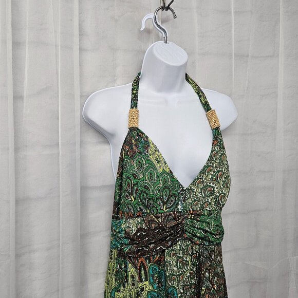 Claudia Richard Green Brown Retro Maxi Dress Halter Beaded Hippie Festival L - Picture 4 of 12